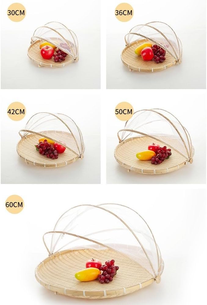 Handmade Woven Storage Basket with Foldable Net Cover, Natural Rattan Kitchen Organizer for Fruit Bread, Mesh Dome Sundries Container, Portable Snack(Small)