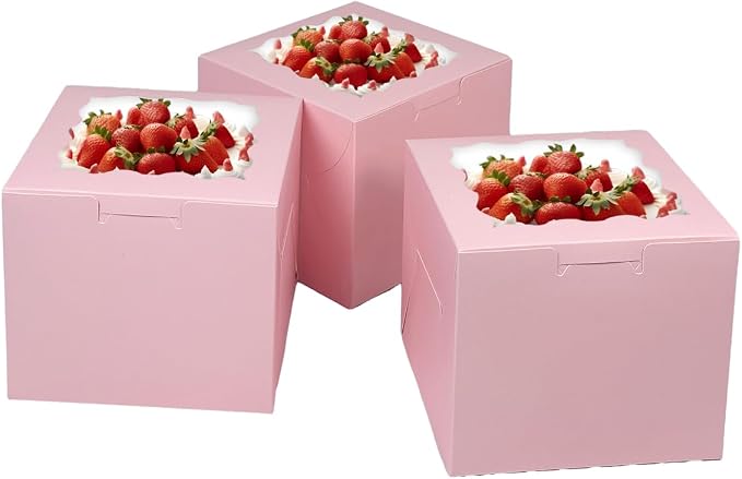 Bakepacker 36pcs 6x6x5 Inches Cake Boxes with Window 18-Packs Pink 6 Inch Bakery Boxes (18 Cake Boxes +18 Cake Boards Included)