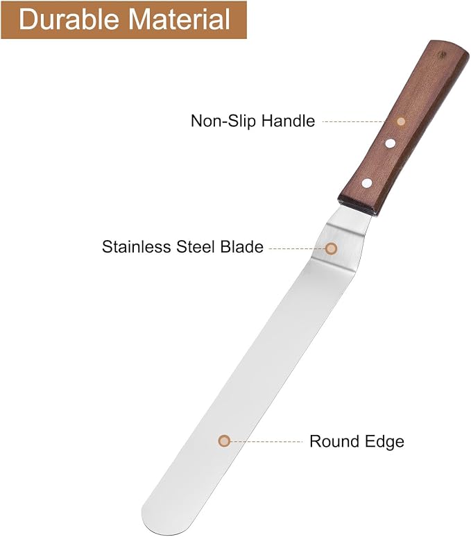 uxcell Icing Spatula with 9 Inch Stainless Steel Bent Blade Cake Angled Scraper Offset Frosting Spatula with Wood Handle for Cake Decorating, Smoothing Frosting, Baking, Wood Color