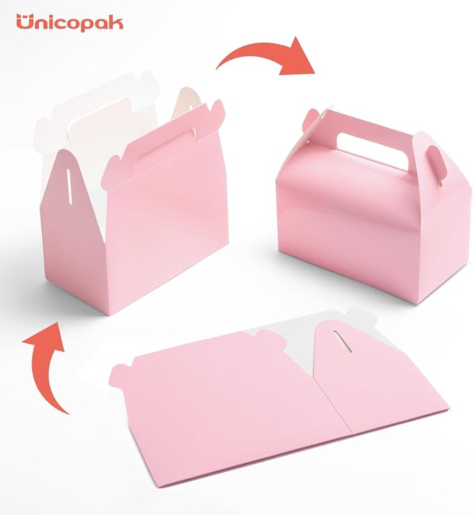 UnicoPak 30 Pack Pink Gable Treat Boxes Party Favor Boxes, Goodie Bag Boxes for Treats Cookies Candies, Ideal for Birthday, Pink Party Favors, Baby Shower, Valentine's Day – 6.5x3.5x3.5 Inches
