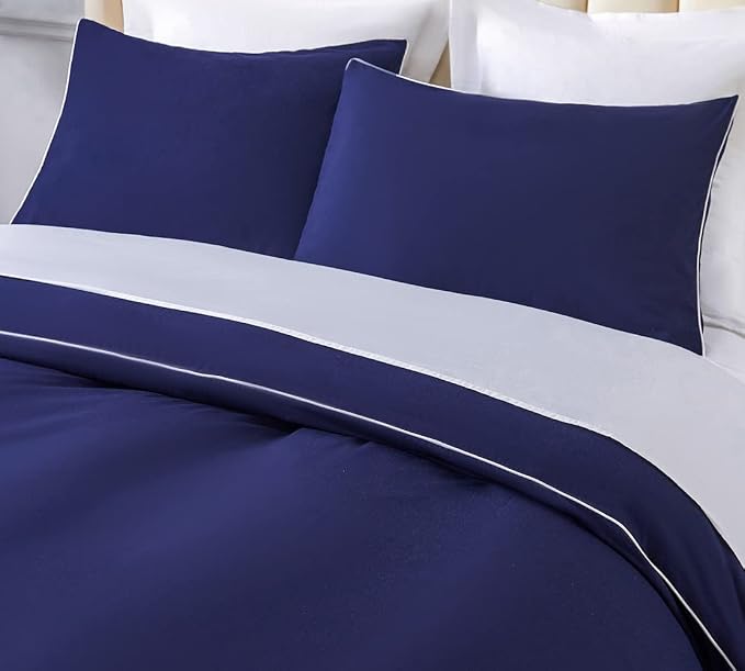 DAUAOTO Duvet Cover Full/Queen Set, Navy Blue Microfiber Bedding with Decorative White Piping, 1 Zipper Closure Cover + 2 Standard Shams