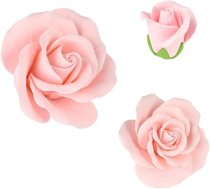 O'Creme Garden Roses Gumpaste Flower Set - Pink Edible Flowers for Cake Decorating - Sugar Flowers for Cakes, Candy, Cupcakes - Birthday, Wedding, Valentines, 3 Different Sizes, 2 of Each