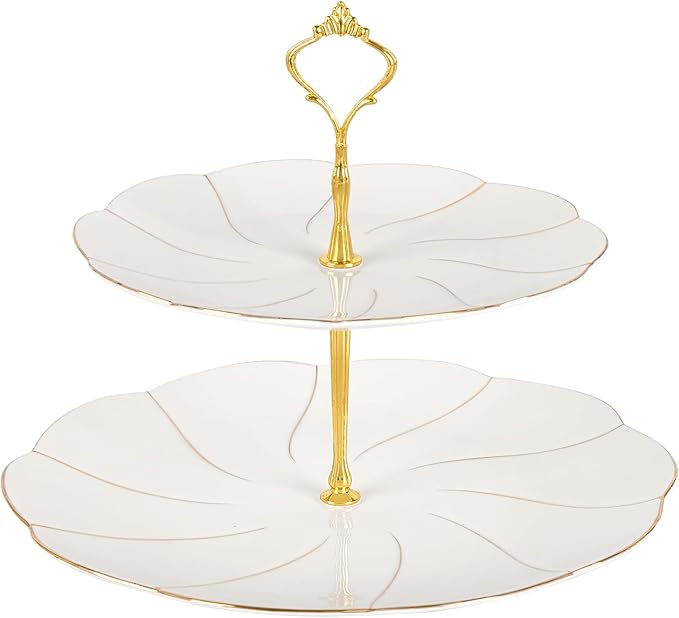DUJUST Luxury Larger 2-Tier Cupcake Stand Tower, British Style Porcelain Serving Tray with Golden Trim, Food Grade Dessert Display Stand for Tea Party & Home Décor - 40% Larger Plates