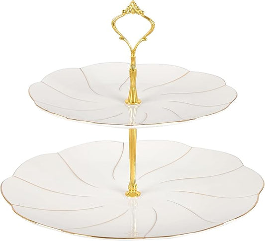 DUJUST Luxury Larger 2-Tier Cupcake Stand Tower, British Style Porcelain Serving Tray with Golden Trim, Food Grade Dessert Display Stand for Tea Party & Home Décor - 40% Larger Plates