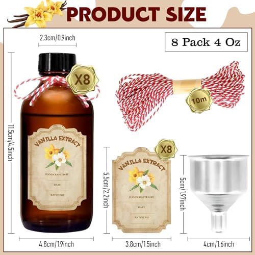 8 Pack 4 Ounce Amber Glass Bottle with Lids Vanilla Extract Homemade Brown Bottle 4 oz and 8 Pcs Vanilla Extract Stickers for Syrup Gift Glass Food Storage Canister Set Sauce Beans