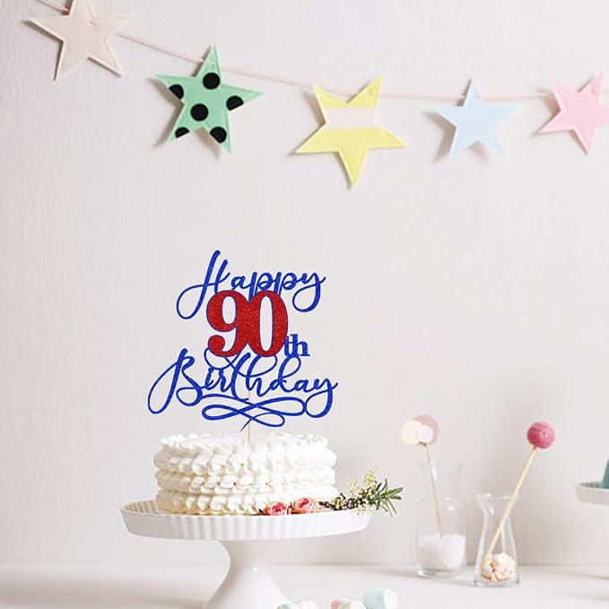 Happy 90th Birthday Cake Topper,Deep blue font red Numbers 90th Birthday Cake Decoration,Hello 90, Cheers to 90 Years/90th Anniversary,90& Fabulous Party Decoration