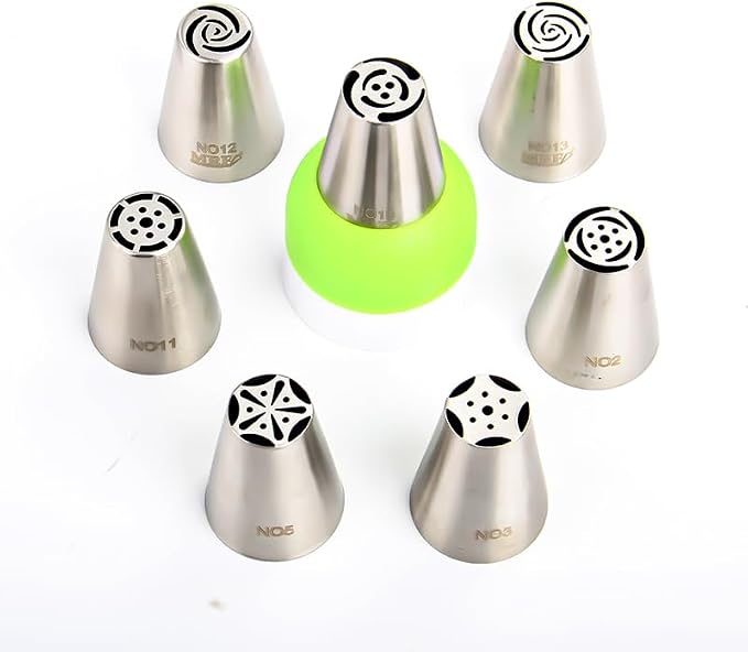 7 Pieces Stainless Steel Small Cake Decorating Russian Tulip Flower Icing Tips Kit with 1pcs Tri-Colors Coupler, Cupcake Decorations Set, Pastry Baking Tools,Plastic Box Package