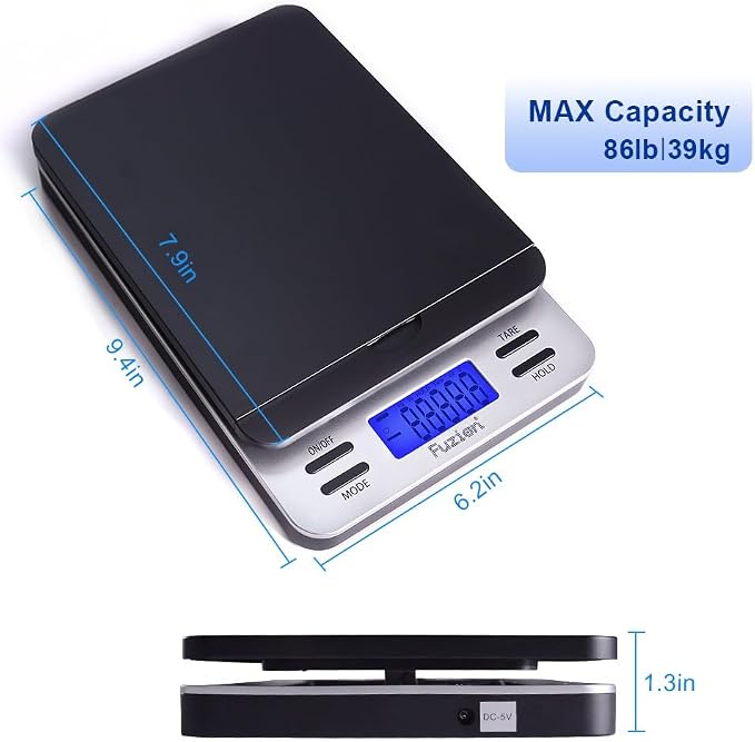 Fuzion Shipping Scale, Accurate Digital Postal Scale 86 lb/0.1 oz with Hold and Tare Function, Postage Scale for Packages and Mailing, LCD Display, Battery and AC Adapter
