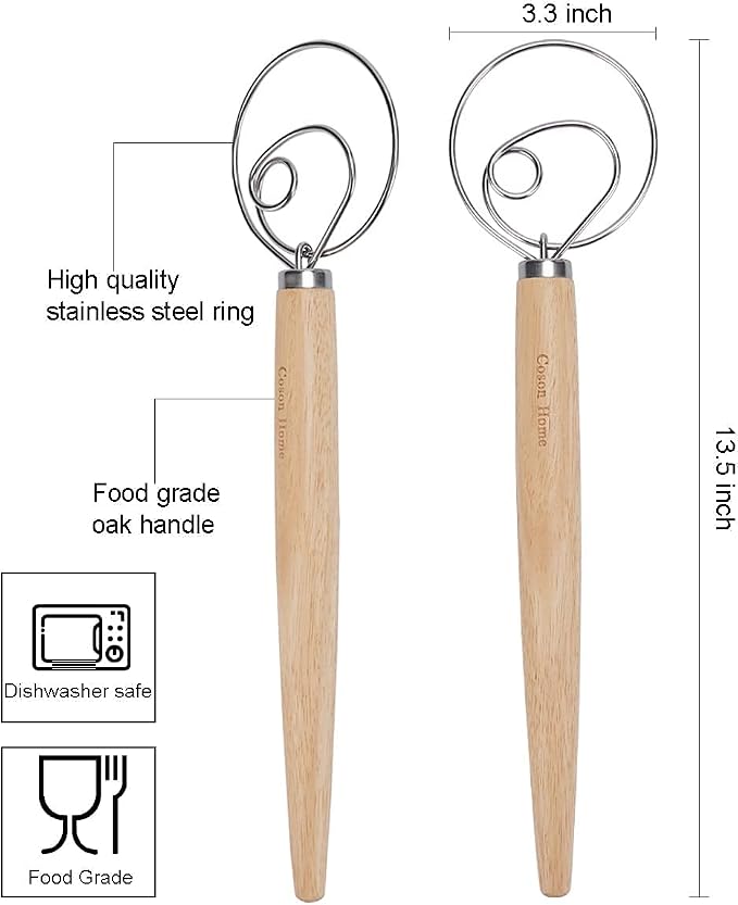 Pack of 2 Danish Dough Whisk, 13.5 Inch Stainless Steel Dough Blender for Sourdough Bread & Pastry, Wooden Handle Baking Mixing Tool for Batter, Pancake, Pizza – Easy to Clean