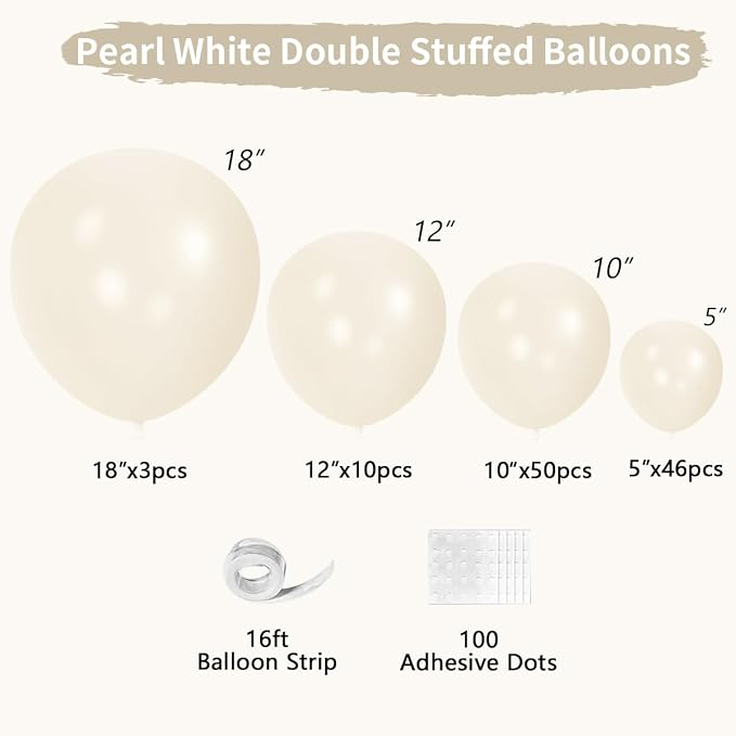Pearl White Double Stuffed Balloons Different Size 115Pcs 5/10/12/18" White Pearl Ivory Balloons Garland kit for Wedding Birde to be Engagement Bridal Shower Birthday Baby Shower Party