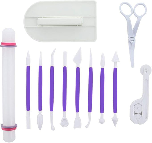 ScivoKaval Marshmallow Fondant Cake Decorating Hand Tool 12 Pcs 5 Sets Sugarcraft Gumpaste Icing Smoother Rolling Pin Trimmer Cutter Embosser Flower Scissor Modelling Accessories Supplies Kit Purple