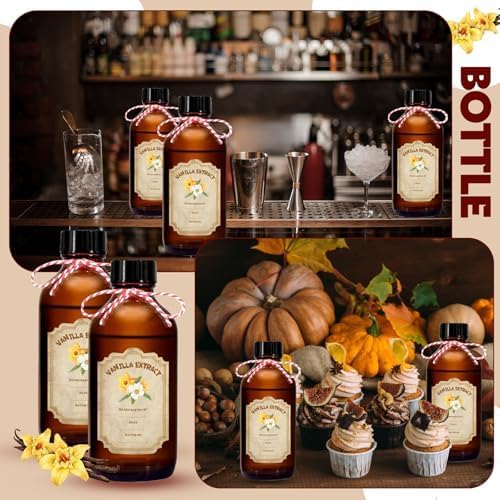 8 Pack 4 Ounce Amber Glass Bottle with Lids Vanilla Extract Homemade Brown Bottle 4 oz and 8 Pcs Vanilla Extract Stickers for Syrup Gift Glass Food Storage Canister Set Sauce Beans