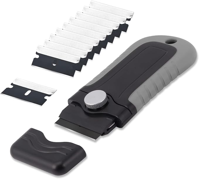 Gomake Locking Razor Blade Scraper with Safety Cap, Glass Cooktop Scraper with 10PCS Black Carbon Steel Blades for Glass Clean, Paint and Old Label,Decal Sticker Remover, Stove Top Scraper Tool
