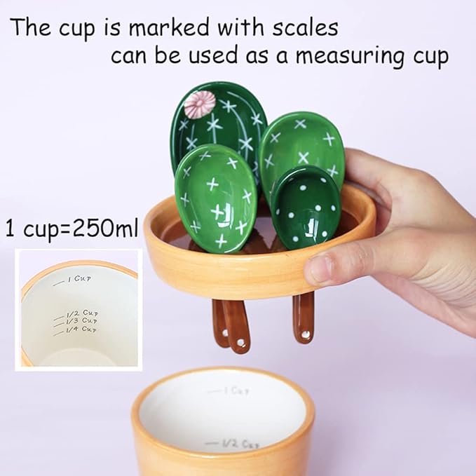 Cactus Measuring Spoons Set in Pot Ceramic Cute Measuring Cups and Spoons Unique Baking Gifts for Dry Wet Ingredients Dishwasher Safe 1 Tbsp 1 TSP 1/2 TSP 1/4 TSP 1 Cup Green