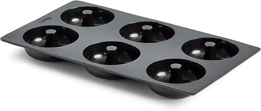 Lékué Platinum Silicone Donut Mold | 6 Non-Stick Holes For Baking - No Grease Needed | Pop-Out Oven Cake Molds | Heat-Resistant, Freezer Safe, Microwave Safe, Dishwasher Safe | Black