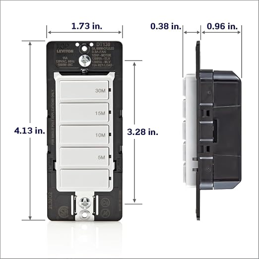 Leviton Countdown Timer Switch for Bathroom Fan and Household Lights,5-10-15-30 min,No Neutral Required,Single Pole,15A,1/2 HP/9.8A Fan/Motor,DT130-1LW,White,(Pack of 10)