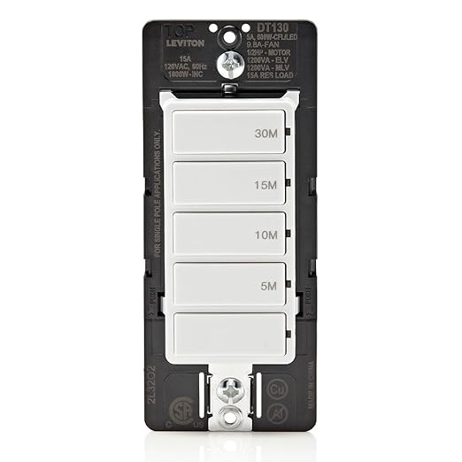 Leviton Countdown Timer Switch for bathroom fan and household lights, 5-10-15-30 min, No Neutral Required, Single Pole, 15A, 1/2 HP/9.8A Fan/Motor, DT130-1LW, White