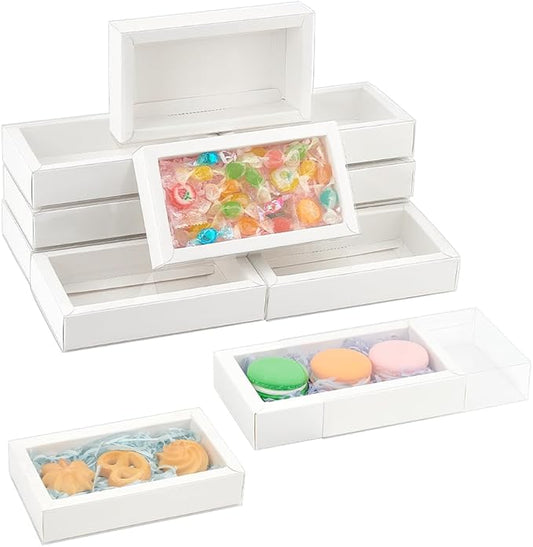 NBEADS 12 Pcs Rectangle Drawer Kraft Boxes, 5.5x2.7x1.26 Inch Gift Packaging Case Foldable Paper Drawer Boxes with Clear Plastic Cover for Party Favor Treats Candy and Jewelry Crafts, White