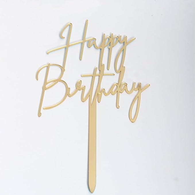 1PCS Gold Happy Birthday Cake Topper, 4.3 x 7.4 Inches Mirrored Gold Acrylic Versatile Cake Decorations, Mirror Acrylic Cake Topper for Birthdays, Anniversaries, Birthday Party Decoration Ideas