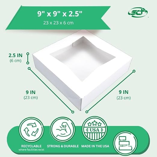 SCT White Window Bakery Box (12 Pack) 9x9x2.5, Auto Pop-Up Containers for Pies, 9 inch Bakery Tray, Cookie Pack with Window, Disposable Cake Box 24133-12