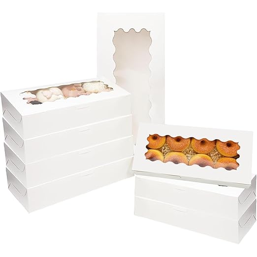 qiqee 50 Packs White Cookie Box with Window 12x5.5x2.5 Inch Two Uses Pastry Biscuit Bakery Box For Packaging