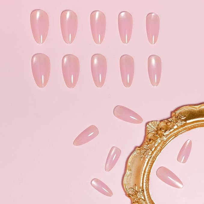 24Pcs French Press on Nails Short Almond ZWENJIE Cat Eye Fake Nails Press ons Nail Tips Stick on Nails Acrylic Nails Kit False Nails with Light Pink Blush Design Nail Art for Women Glitter Manicure