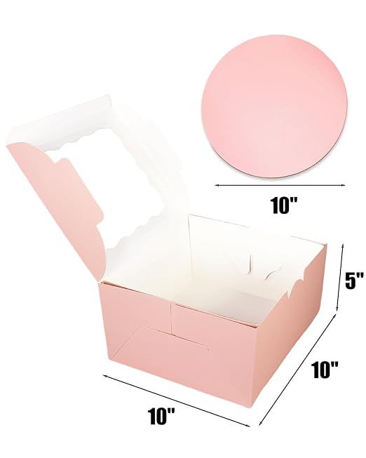 qiqee 10x10x5 Cake Box, 18 Sets Pink Cake Box with Window ＆ 18 Sets 10" Pink Cake Round Boards, 10inch Cake Containers