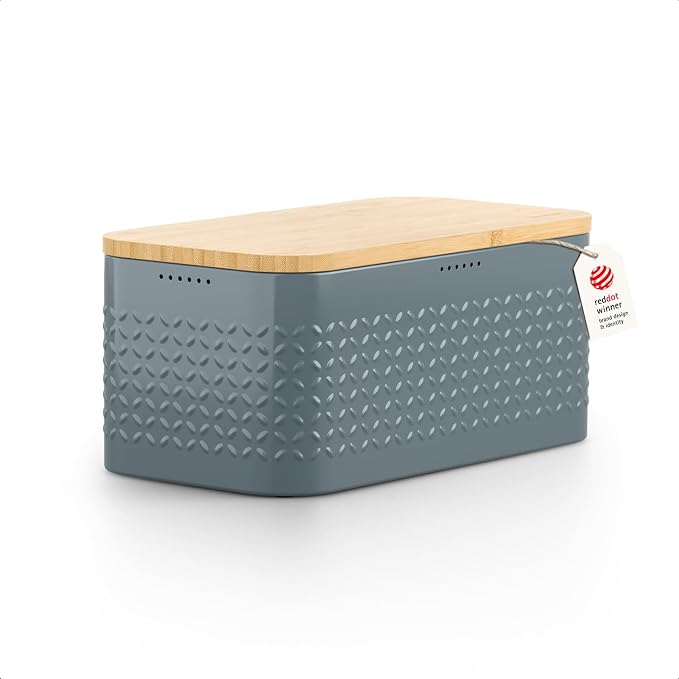 LARS NYSØM Bread Box I Metal bread box for long lasting freshness with non-slip pads I Baked goods Bin with bamboo lid usable as cutting board I 13.6x7.3x6.2in (Stone Blue)