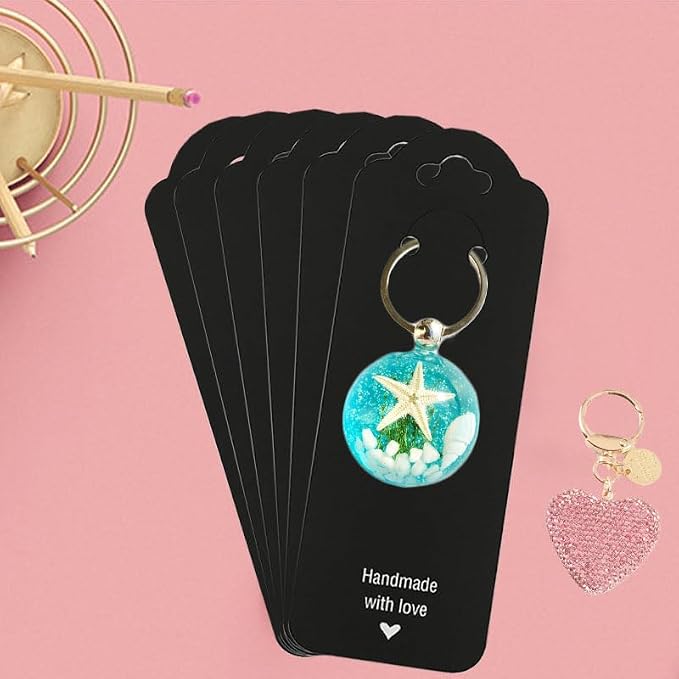 100PCS Keychain Display Cards,2.16'' x 6'' Handmade with Love Kraft Paper Jewelry Cards for Small Business Selling