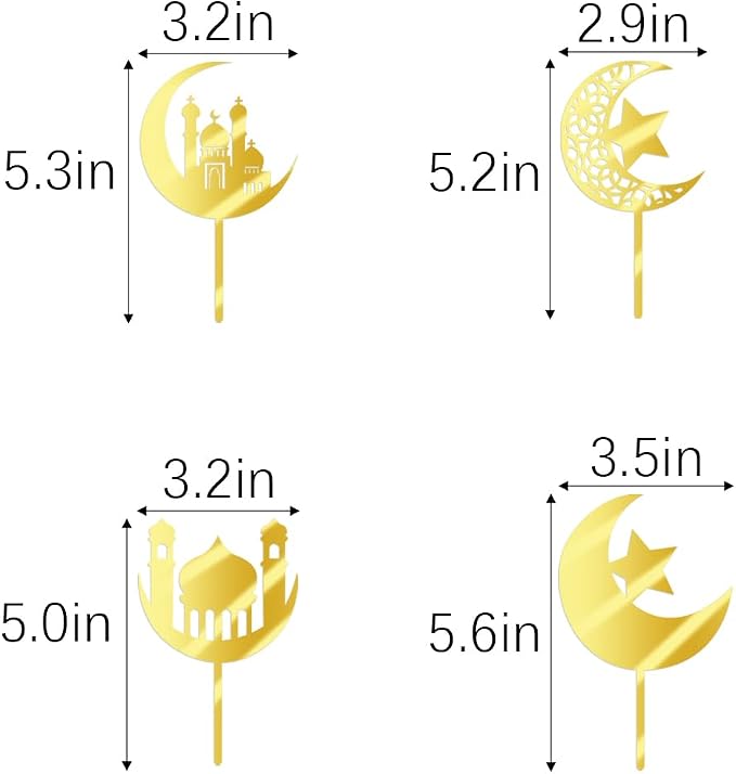 12 piece Acrylic gold Glitter Moon and Star Eid Mubarak cake Topper Ramadan Party Supplies Islamic Muslim Party Decorations