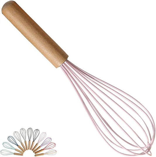 1-Piece Pink Silicone Whisk with Wooden Handle BRIIEC 10-inch Non Stick Balloon Whisk Egg Beater for Pancake Batter, Eggs and Egg Whites, Cake Mix, Blending, Gravy and Sauces