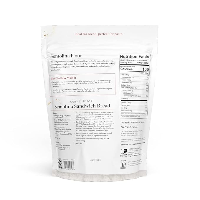 King Arthur Premium Semolina Flour:Coarse Ground,High Protein Durum Wheat for Perfect Pasta,Pizza,and Bread Making-Kosher,3 lbs Resealable Bag, USA-Grown Wheat, Versatile Baking Ingredient (Pack of 2)