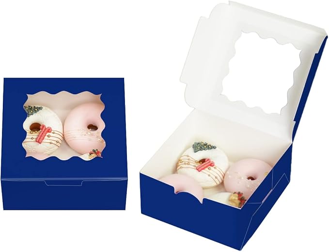Bakepacker 60pcs Navy Blue Cookie Boxes 6x6x3 inches Easy Assemble Macaroon Pastry Boxes Bakery Boxes with Window for Bakery