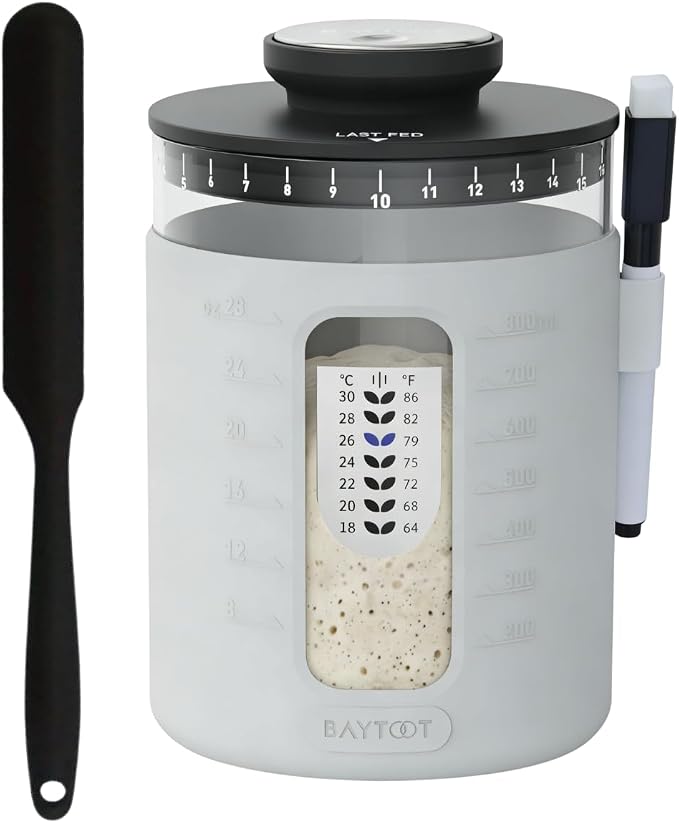 Wide Mouth Sourdough Jar Starter Kit 33 oz - UPGRADED 2026 DESIGN with Reinforced Thick Glass Base - Ideal Sourdough Jar for Fermentation, Airflow Lid, Feeding Marker & Spatula Included (Grey)