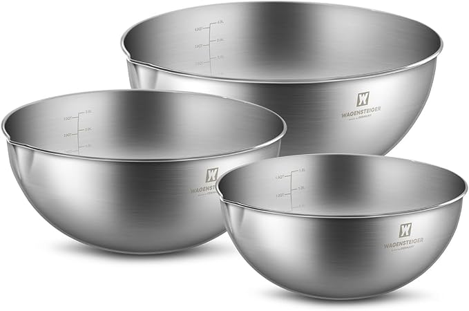 WAGENSTEIGER 3-Piece Stainless Steel Mixing Bowl Set, Silver Color, Nesting Bowls with Pure Spout, Multipurpose Kitchen Basket, 1.56Quarts/3.17Quarts/4.23Quarts (No Color Added)