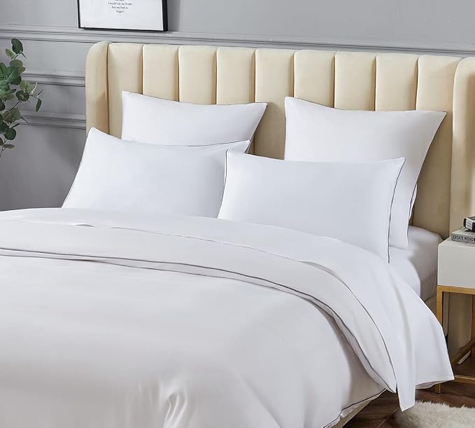 DAUAOTO Full/Queen Bedding Set Microfiber - 1 Duvet Cover + 2 Pillow Shams, White with Decorative Grey Piping