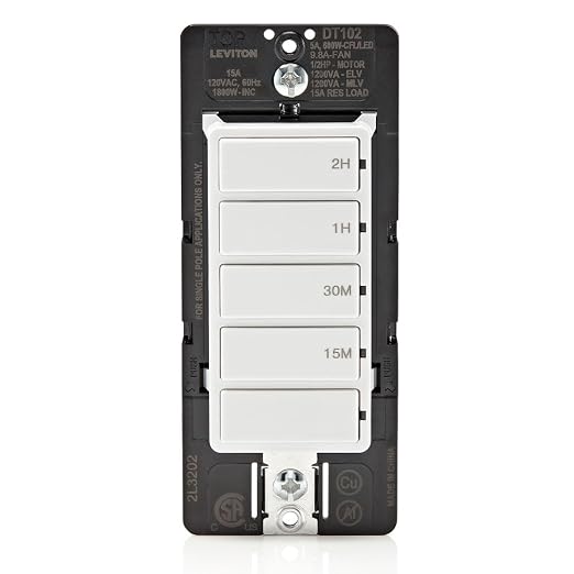 Leviton Countdown Timer Switch for household lights and exhaust fans, 15-30 min, 1-2 hour, No Neutral Wire Required, Single Pole, 15A, 1/2HP/9.8A Fan/Motor, DT102-1LW, White