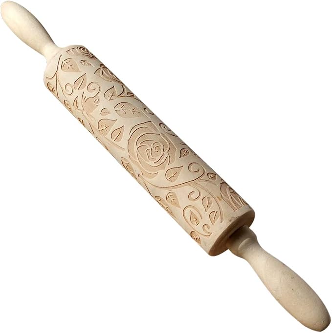 Ragyzity Wooden Embossed Rolling Pin for Baking, Rose Flower Embossed Engraved Carved Rolling Pin, Wooden Roll Pin Laser Engraved Rolling Pin DIY Tool for Making Cookie Dough Crusts Pies Pastry