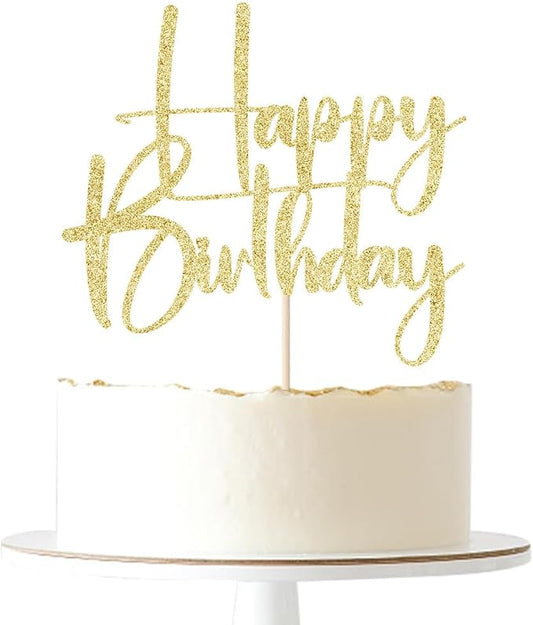 Gold Glitter Happy Birthday Cake Topper, Gold Glitter Happy Birthday Cake Bunting Deco, Baby Gender Reveal Party/Anniversary Party Decoration Supplies (Paper)