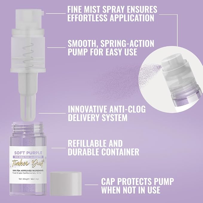 Bakell - Soft Purple Tinker Dust (4g, 1x Mini Spray Pump) Edible Glitter for Food, Desserts, and Baked goods!