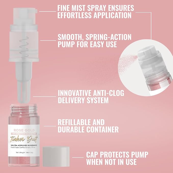 Bakell - Rose Gold Tinker Dust (4g, 1x Mini Spray Pump) Edible Glitter for Food, Desserts, and Baked goods!