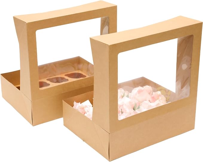Bakepacker Auto-pop Up Cupcake Boxes with Window Brown 40PCS 12 Count Cupcake Box 13"x10"x3.5" Cupcakes Carrier, 12 Cupcake Containers with 2 rolls of pink ribbons