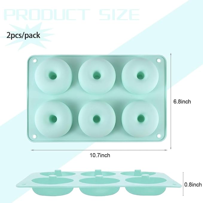 Silicone Donut Pan, Non-Stick Mold, Donut Mold for 6 Full-Size Baking Perfect Shaped Doughnuts - Cake Biscuit Bagels 2Pcs (Mint Green)