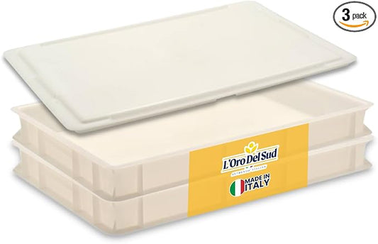 L'Oro Del Sud Commercial Dough Proofing Box Tray with Lid, White, 2 Trays | 23.6" x 15.74" x 2.75" Stackable Dough Tray for Pizza Dough Proofing, Impact and Temperature Bin Resistant, Product of Italy