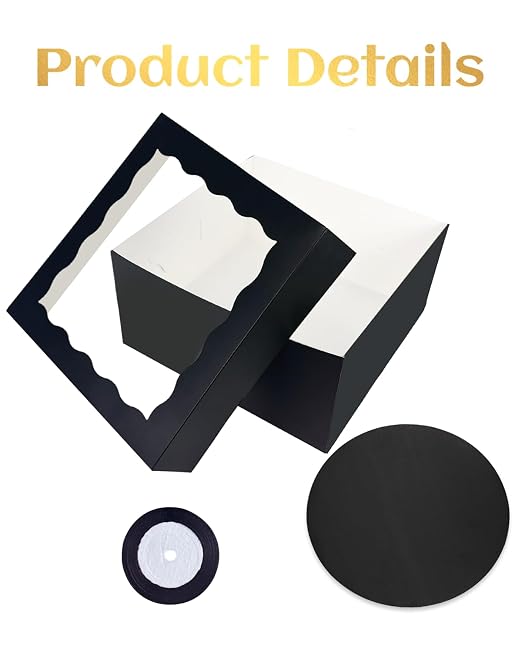 qiqee 12x12x6 Cake Box, 18 Sets Black Cake Box with Window ＆ 18 Sets 12" Cake Round Boards, 12inch Cake Containers, 10 Meters Silk Ribbon