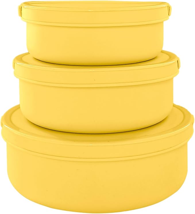 Silicone Food Storage Containers Bowl, Set of 3 Reusable Silicone Tupperware Bento Lunch Snack Box Containers with Lids (17oz, 25oz, 42oz) Dishwasher, Microwave and Freezer Safe (Bright Yellow)