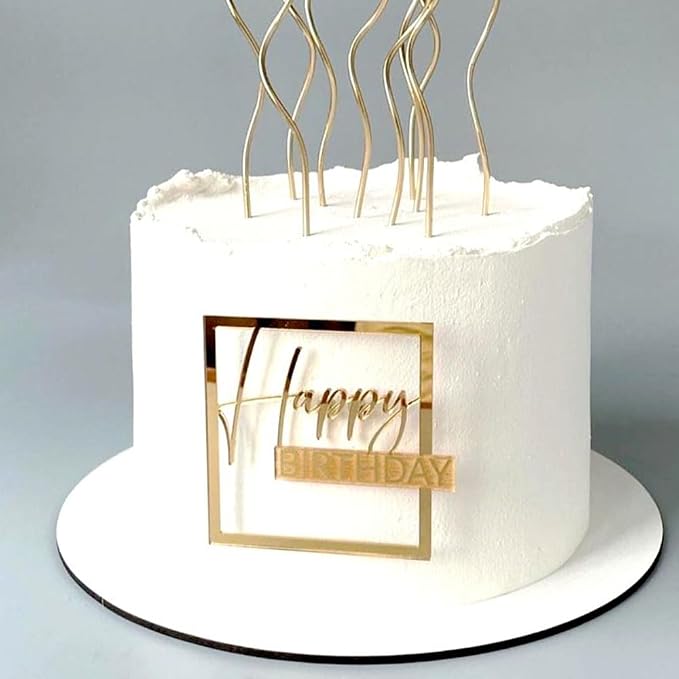 5pcs Acrylic Happy Birthday Cake Toppers Happy Birthday Sign Cakes Decor Round Square Side Cupcake Toppers Mirror Gold Cake Decorations for Women Men Birthday Party Supplies