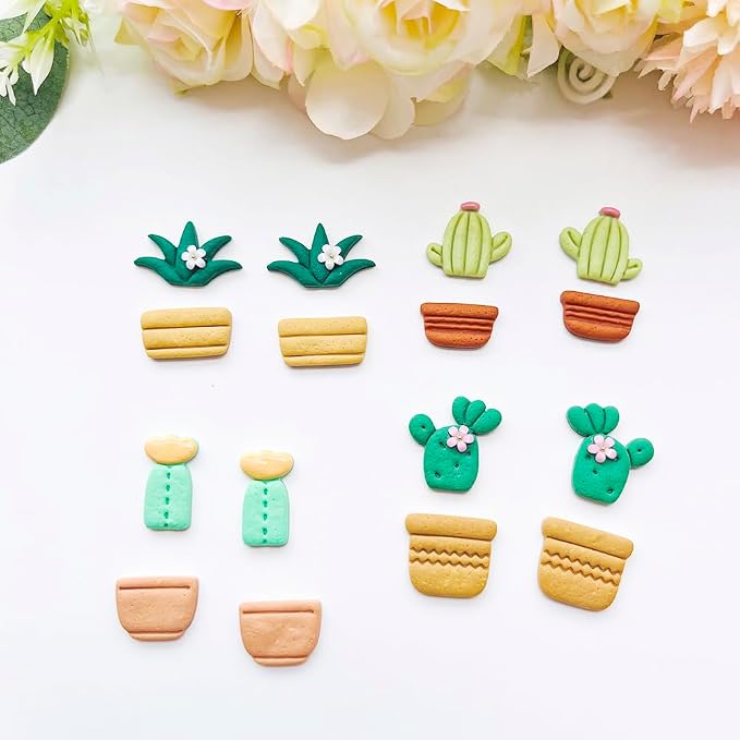 Cute Cactus Polymer Clay Cutters Set - 10pcs Cartoon Succulent Plant & Flower Pot Shapes for DIY Earring Jewelry Making, Soft Clay Crafts, Scrapbooking & Miniature Decor