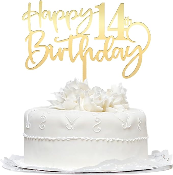 Happy 14 th birthday cake Topper,Mirrored Gold Acrylic Durable Cake Topper,14th Birthday Party Cake Decorations, Hello 14th years old, Happy fourteen years old, Birthday Party Decorations