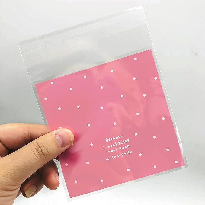 100pcs Pink Self-Adhesive Treat Bags – Small Cellophane Cookie Bags for Candy, Bakery, Party & Wedding Favors (3.94” x 3.94”)